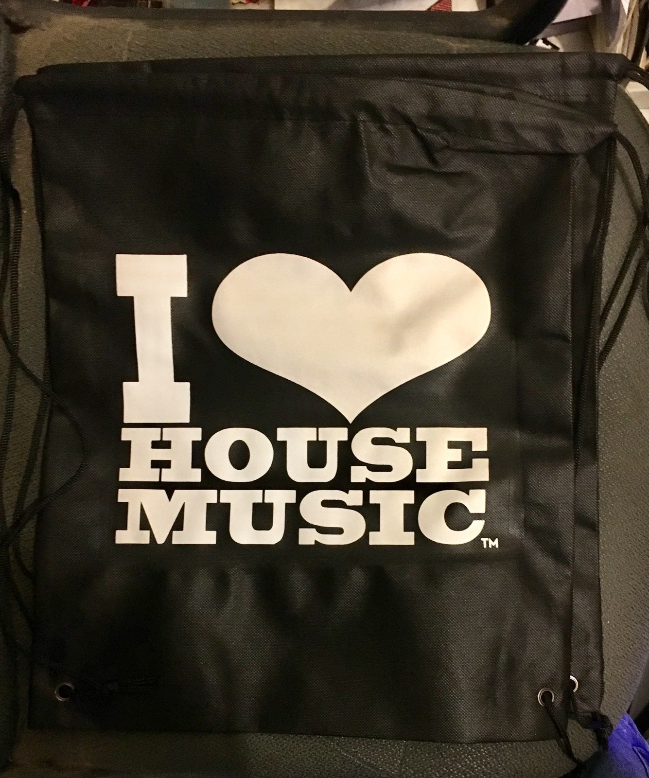 I Love House Music Gear Drawstring Backpack Blk w Wht