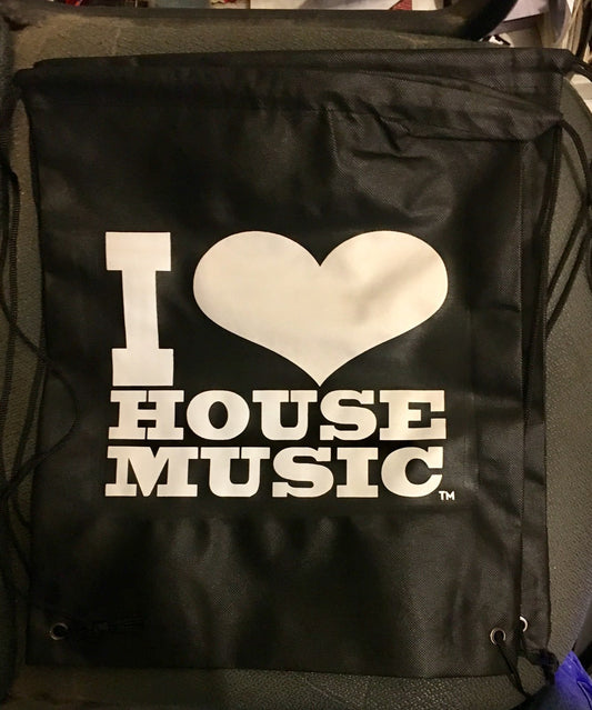 I Love House Music Gear Drawstring Backpack Blk w Wht 