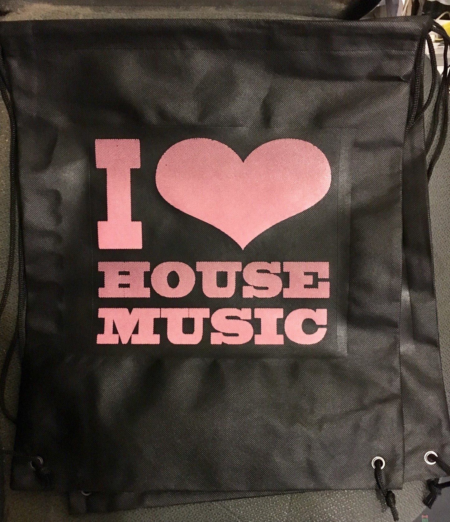 I Love House Music Gear Drawstring Backpack Blk w Pink
